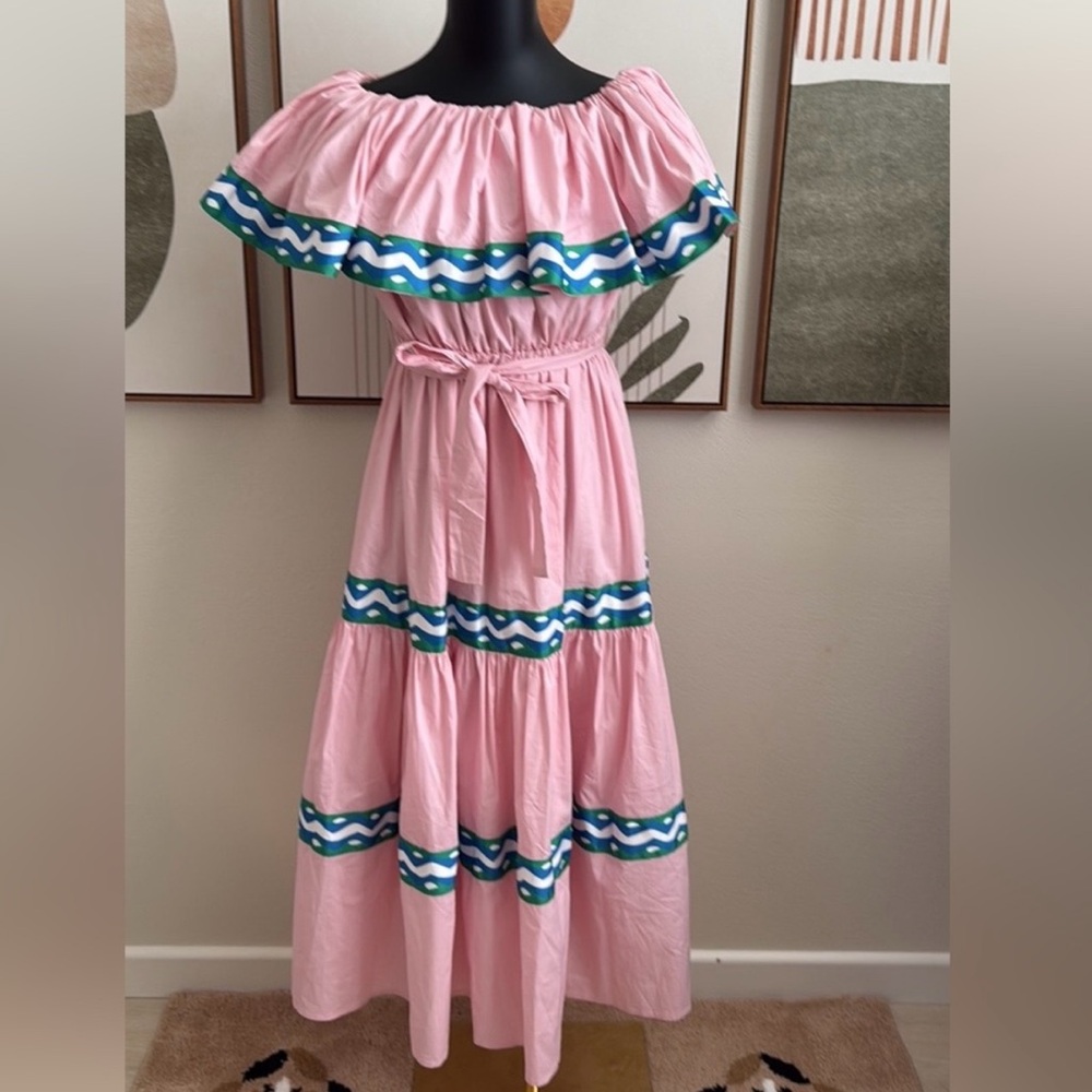 Pink Off-Shoulder Midi Dress with Green Accents